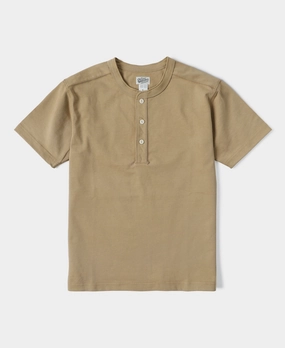 10.6 oz Cotton Short Sleeve Henley T-Shirt - Khaki High Density Weave