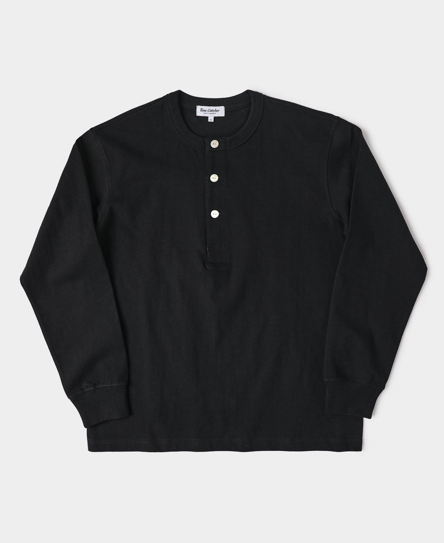 1930s 10.5 oz Cotton Loopwheel Tubular Henley Shirt - Black skinny but not tight