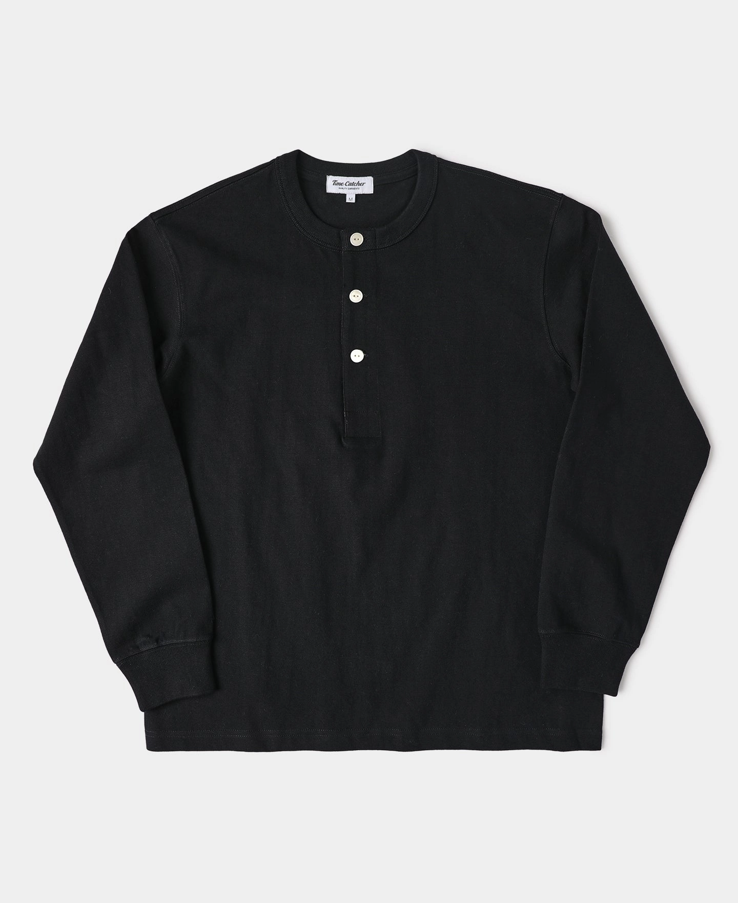 Flexible Fit 1930s 10.5 oz Cotton Loopwheel Tubular Henley Shirt - Black