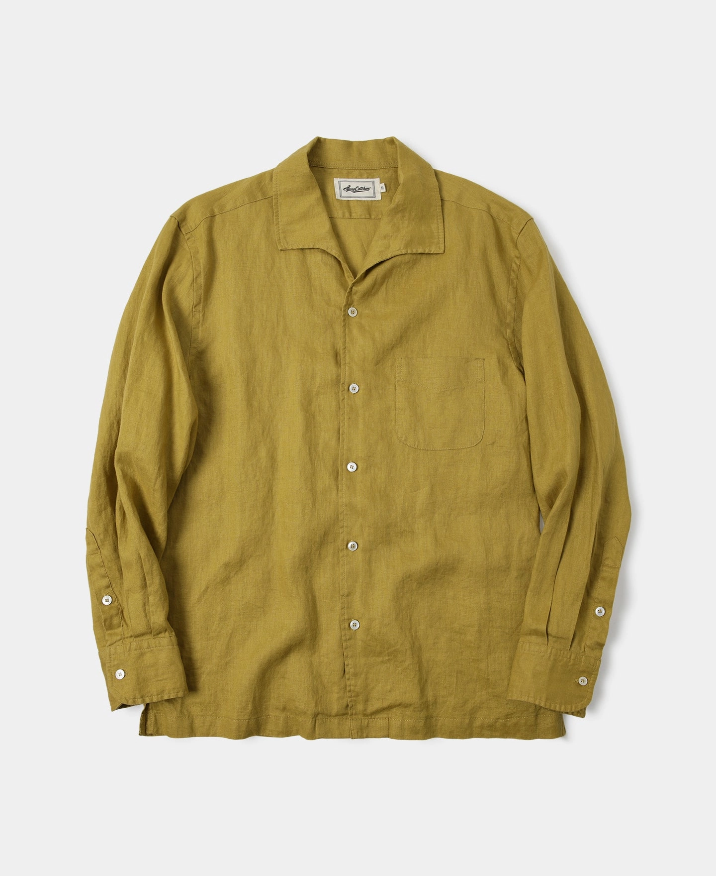 1950s Italian Collar Long-Sleeve Linen Shirt - Mustard Durable Texture Country Charm