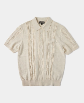 1960s Jacquard Slub Cotton Polo Shirt - Cream Non Irritating Seams