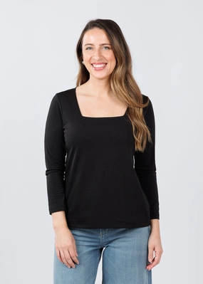 Relaxed Vibe Camouflage Style 3/4 Sleeve Square Neck Top - Black