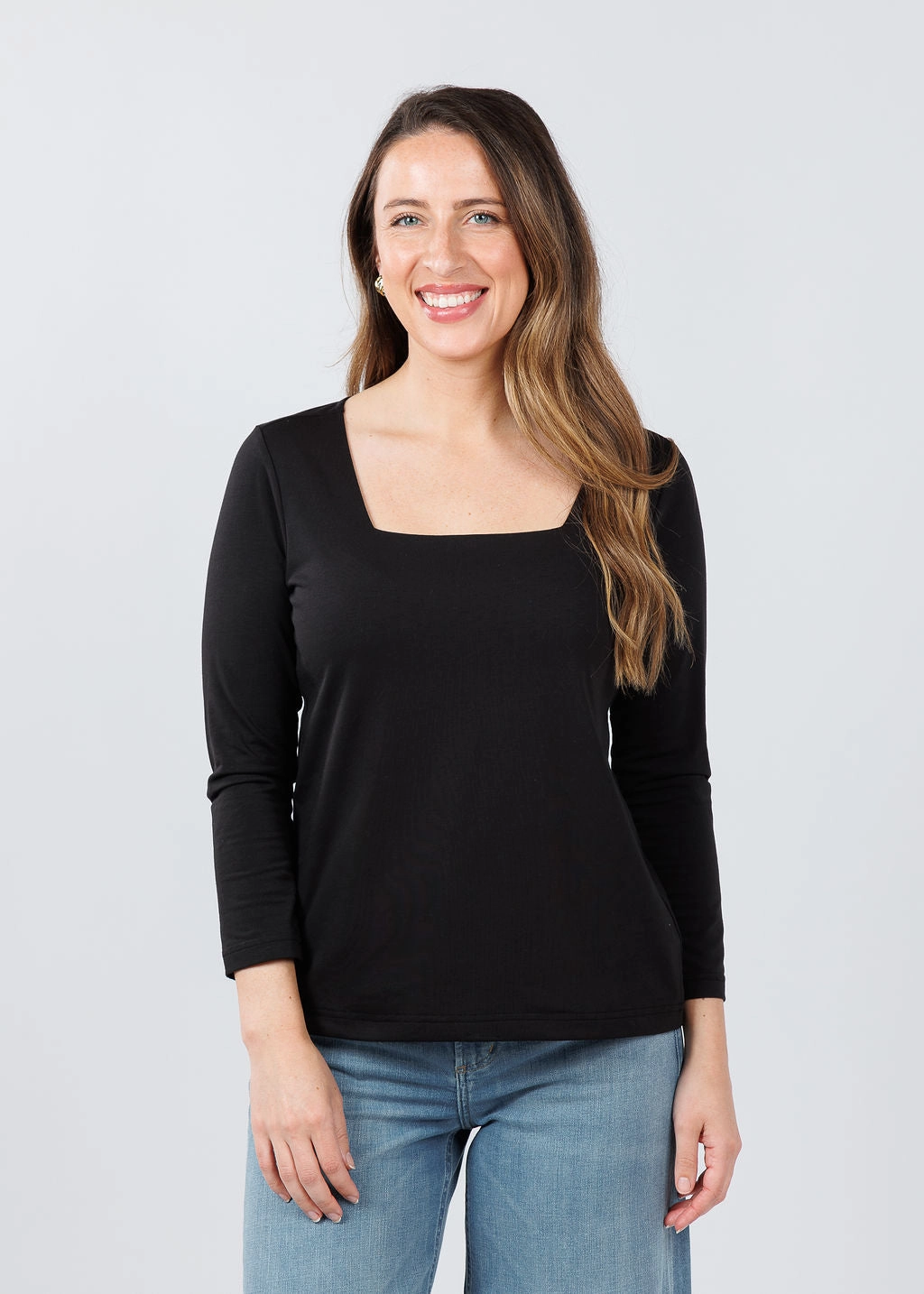 Relaxed Vibe Camouflage Style 3/4 Sleeve Square Neck Top - Black