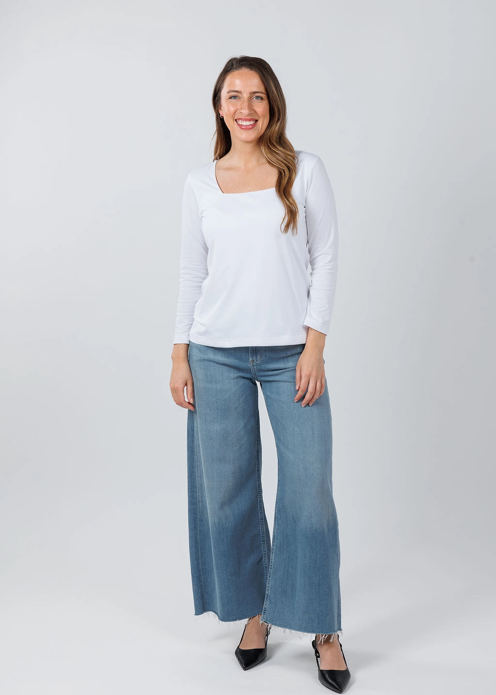 Quick Release Placket 3/4 Sleeve Square Neck Top - White