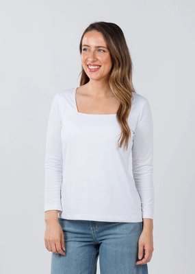 Bold Hue 3/4 Sleeve Square Neck Top - White