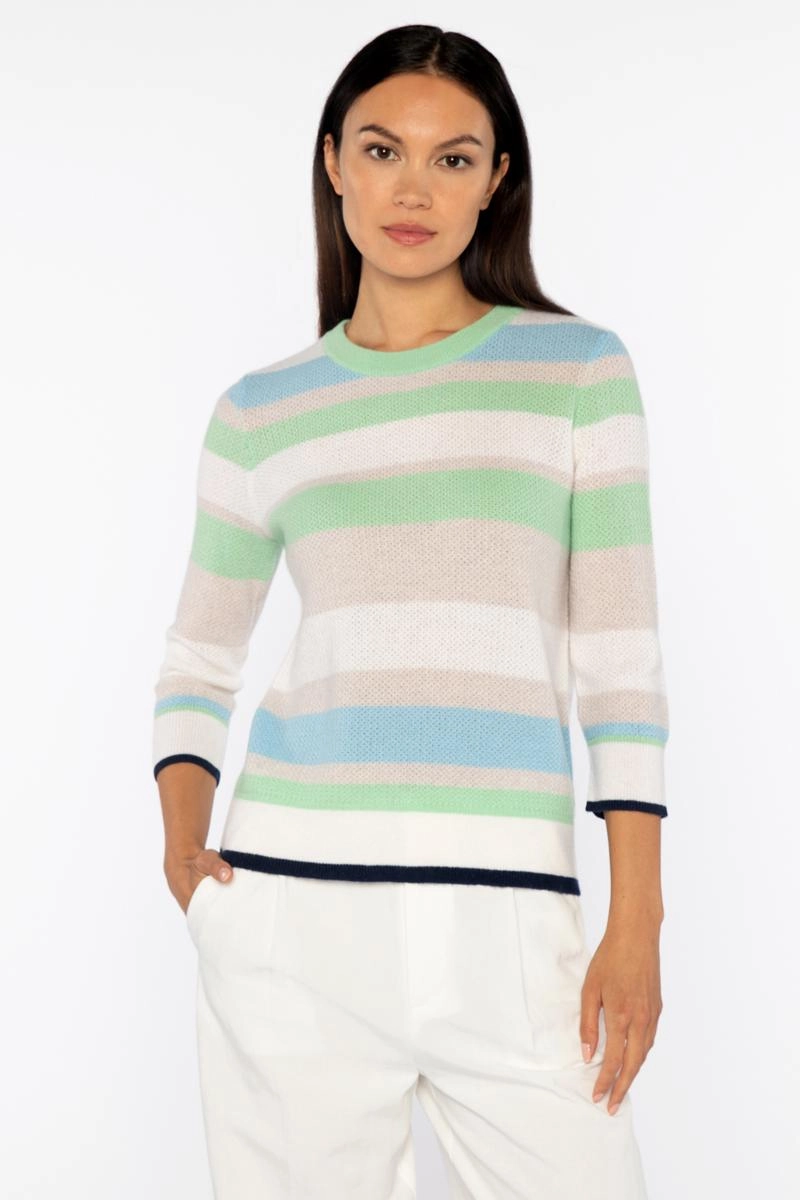 Snug Knit Comfortable Look 3 Quarter Sleeve Openwork Stripe Crew