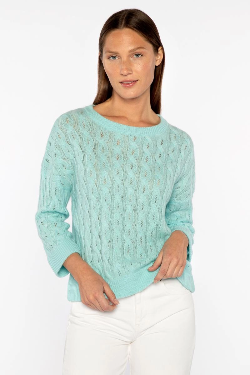 Breathable Open Weave Stretchable Fabric 3 Quarter Sleeve Pointelle Cable Crew