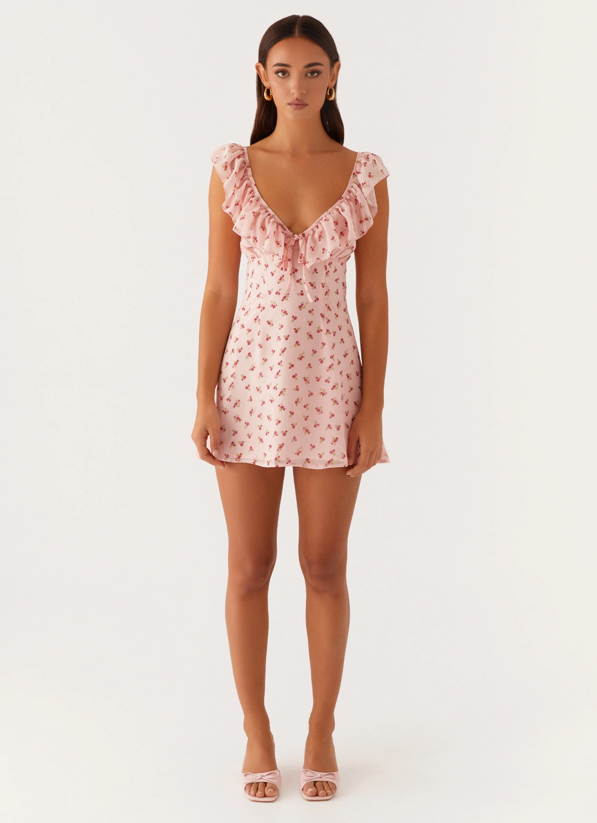 Adrina Ruffle Mini Dress - Pink Flower Lightweight and Breezy Soft Waist