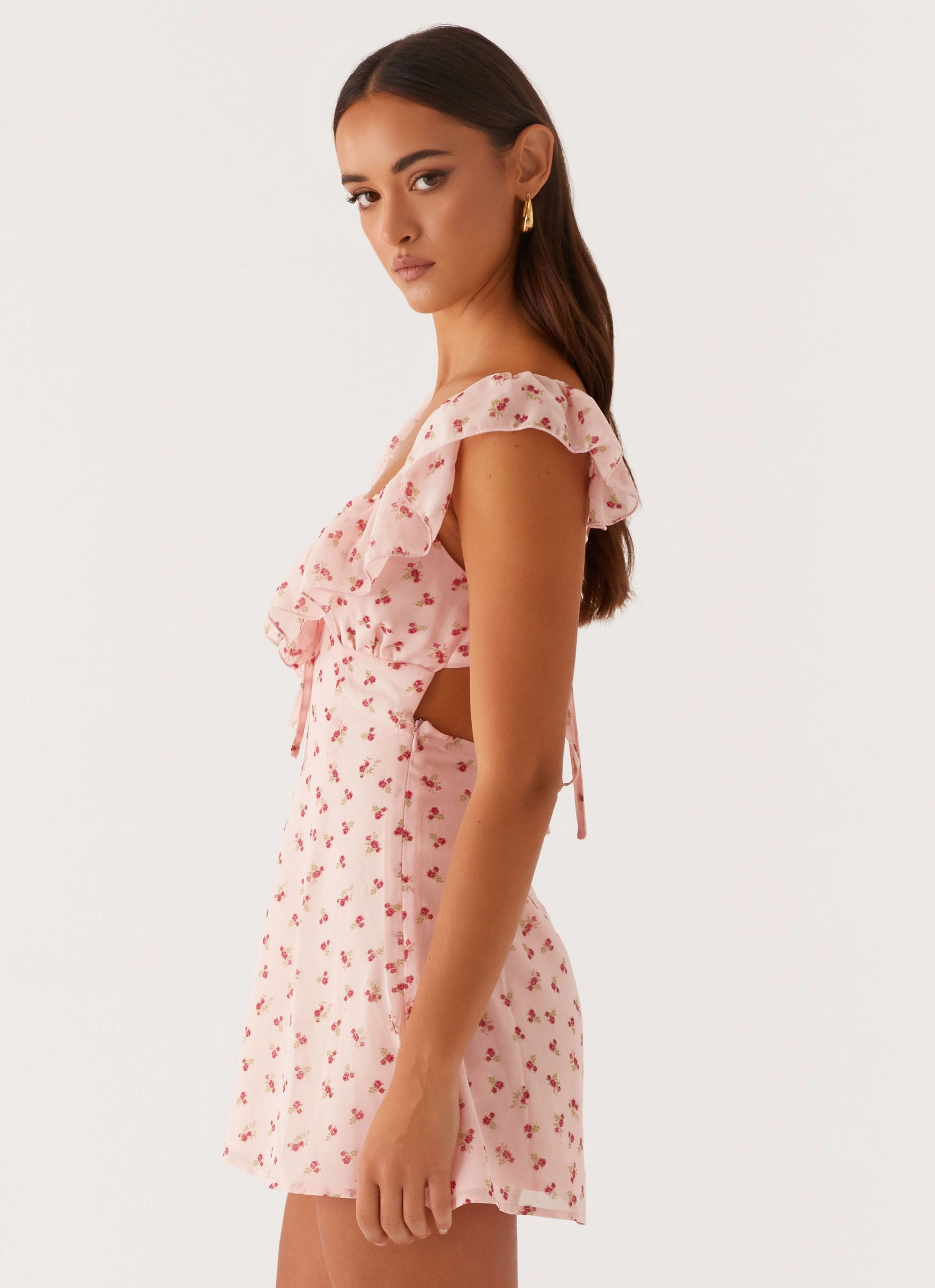 Adrina Ruffle Mini Dress - Pink Flower Grass Soft