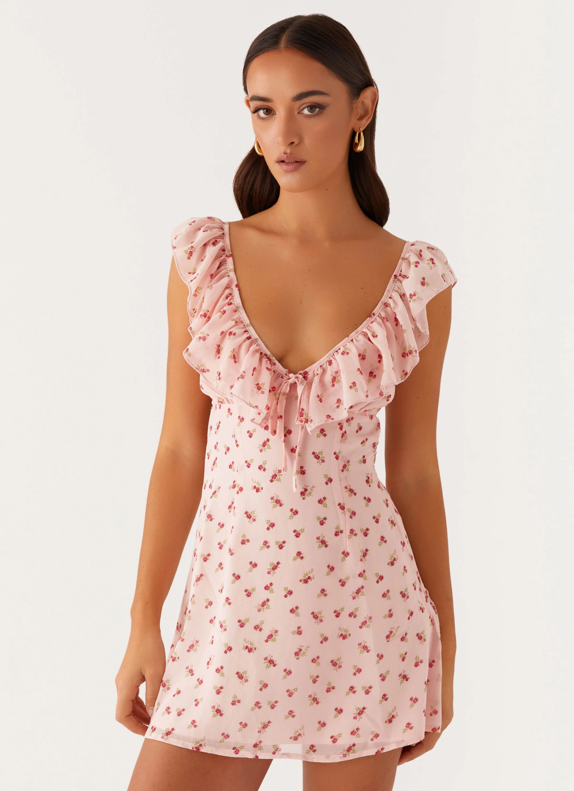 Adrina Ruffle Mini Dress - Pink Flower Gentle Motion