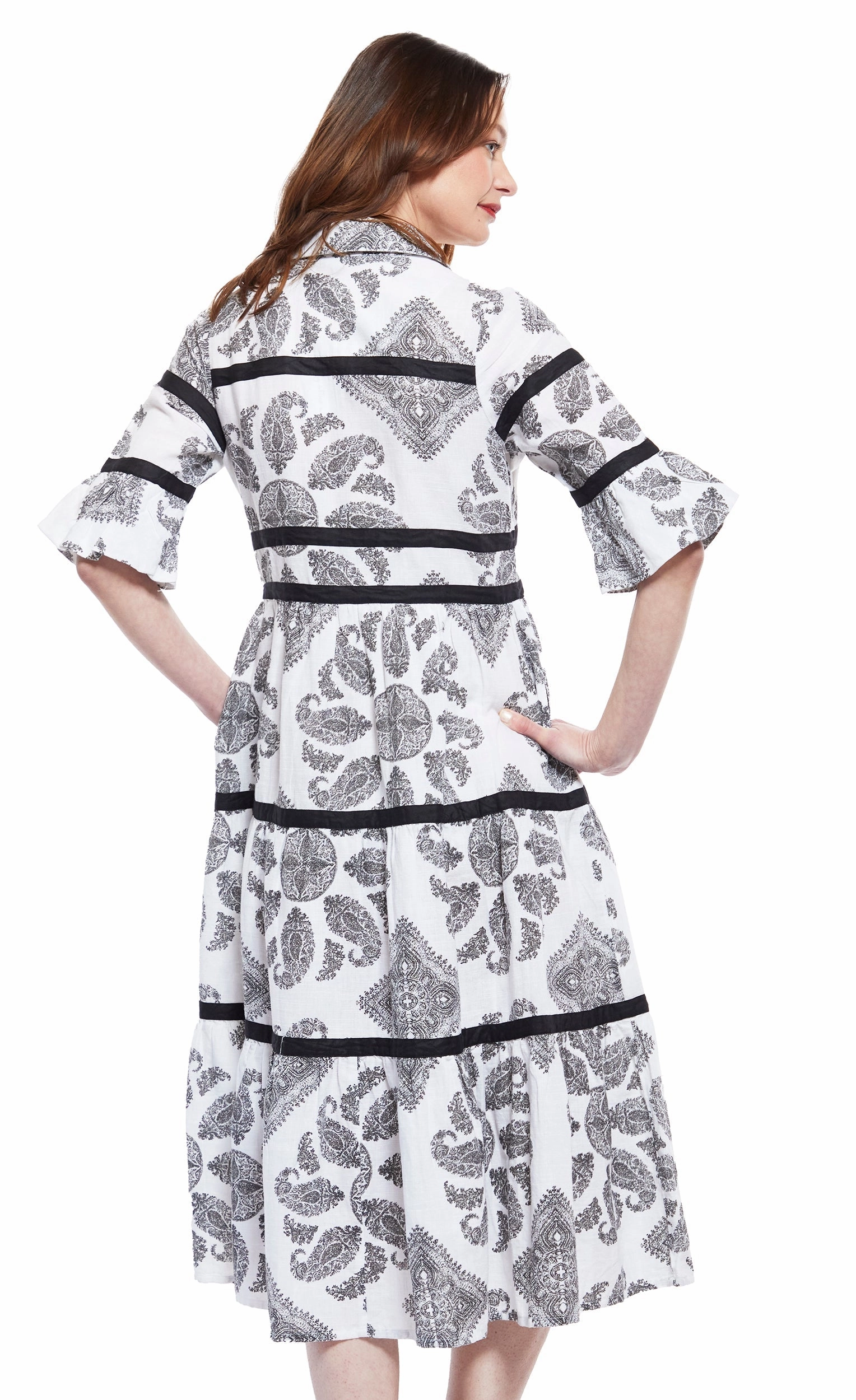 Vintage Vibe Linen Love Miami Midi Dress - Black/White Paisley With Black Ribbon Trim