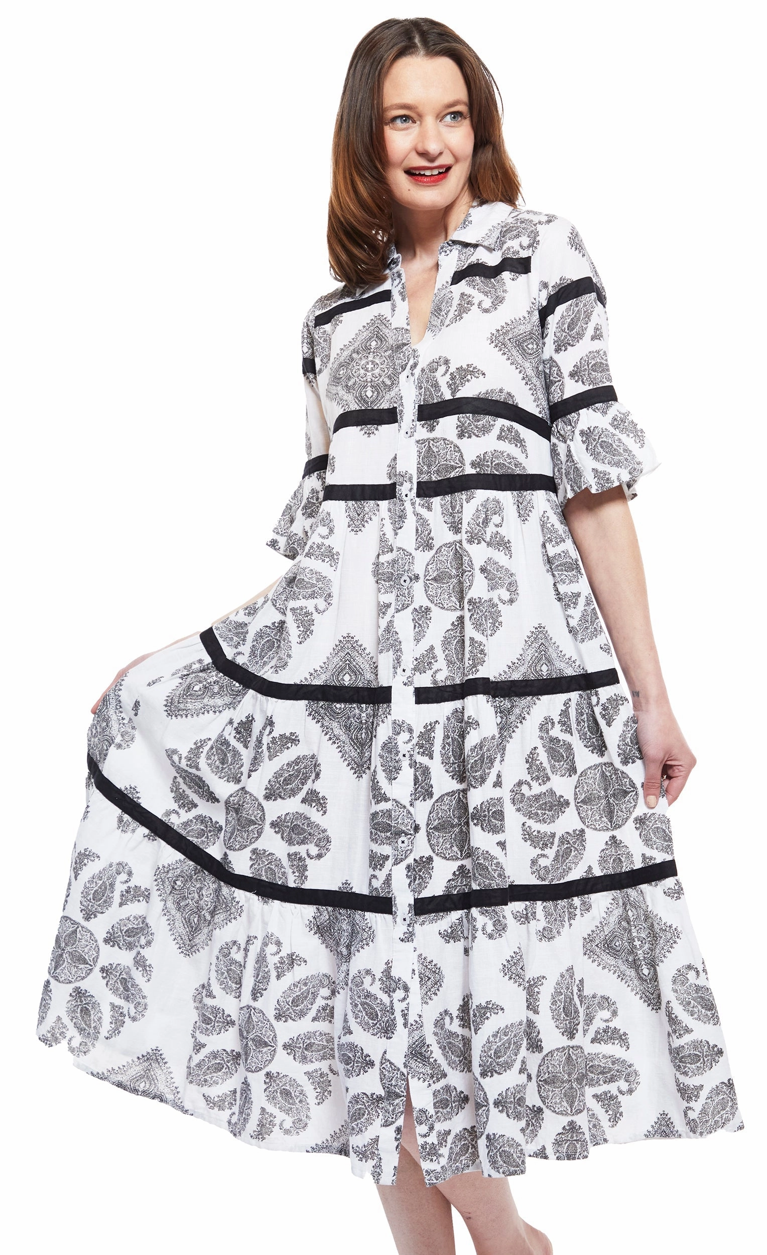 Miami Midi Dress - Black/White Paisley With Black Ribbon Trim Lux Look