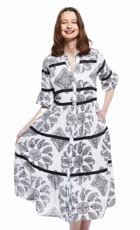 Miami Midi Dress - Black/White Paisley With Black Ribbon Trim Refined Presence
