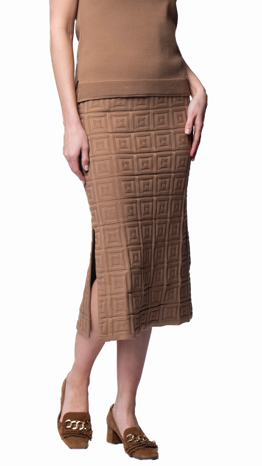 Weekend Favorite Sleek Styling Sabrina Square Pattern Midi Straight Skirt - Mocha