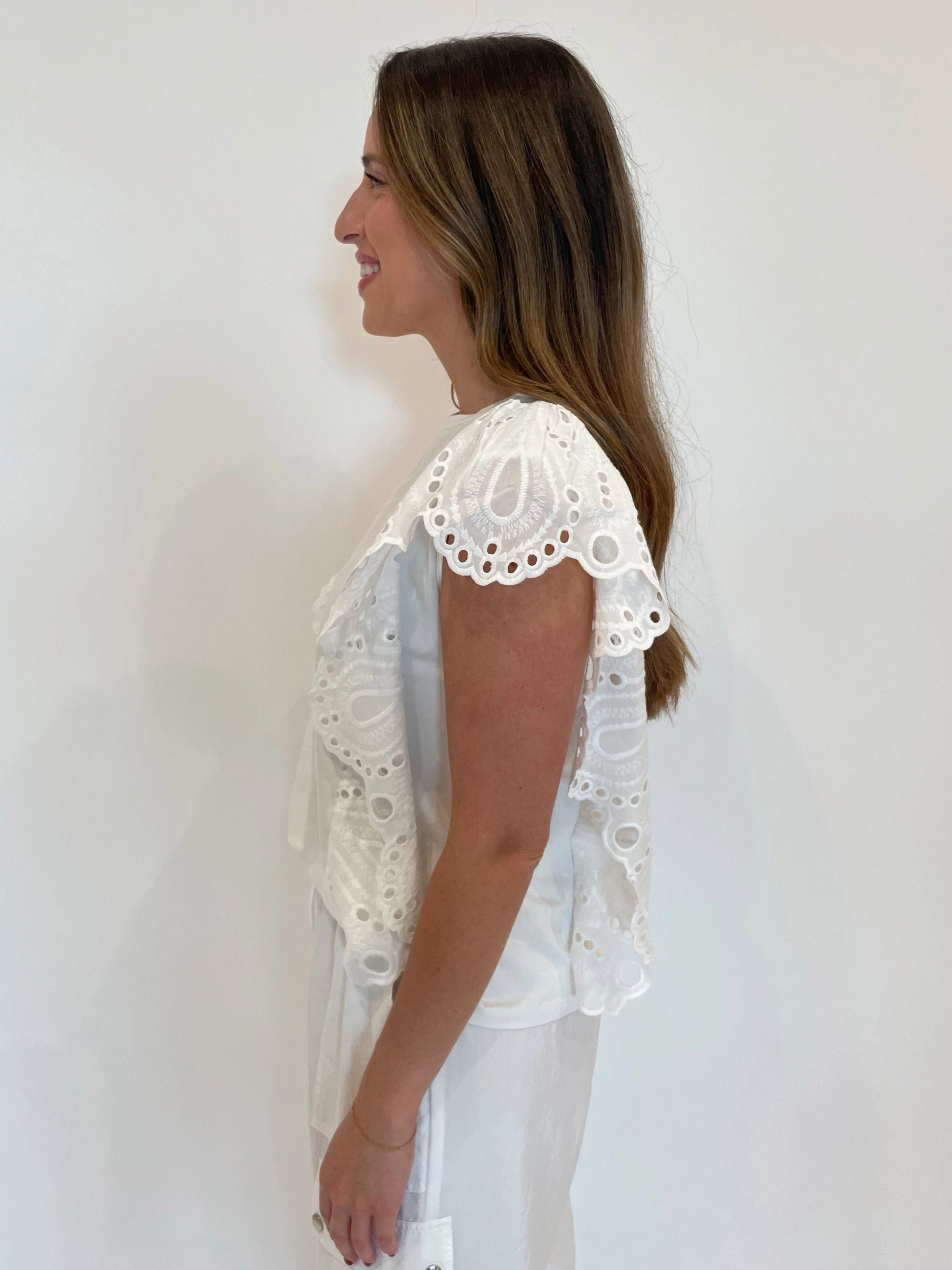 Laser Cut Edge Detail Lightweight Weave Abigail Eyelet Top - White