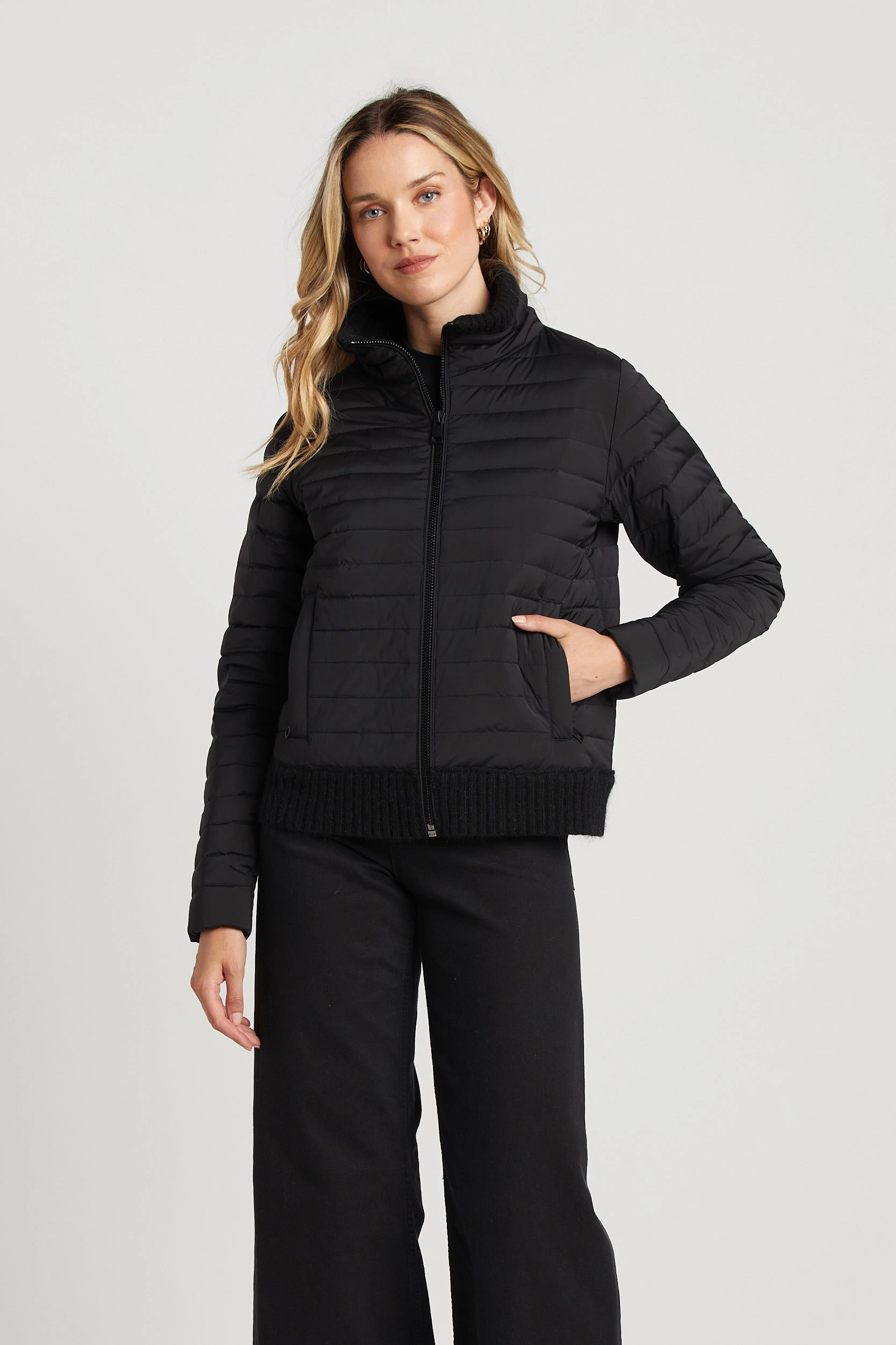 Eco Conscious Dye Process Lulu Lightweight Quilted Down Jacket With Knit Trim - Black
