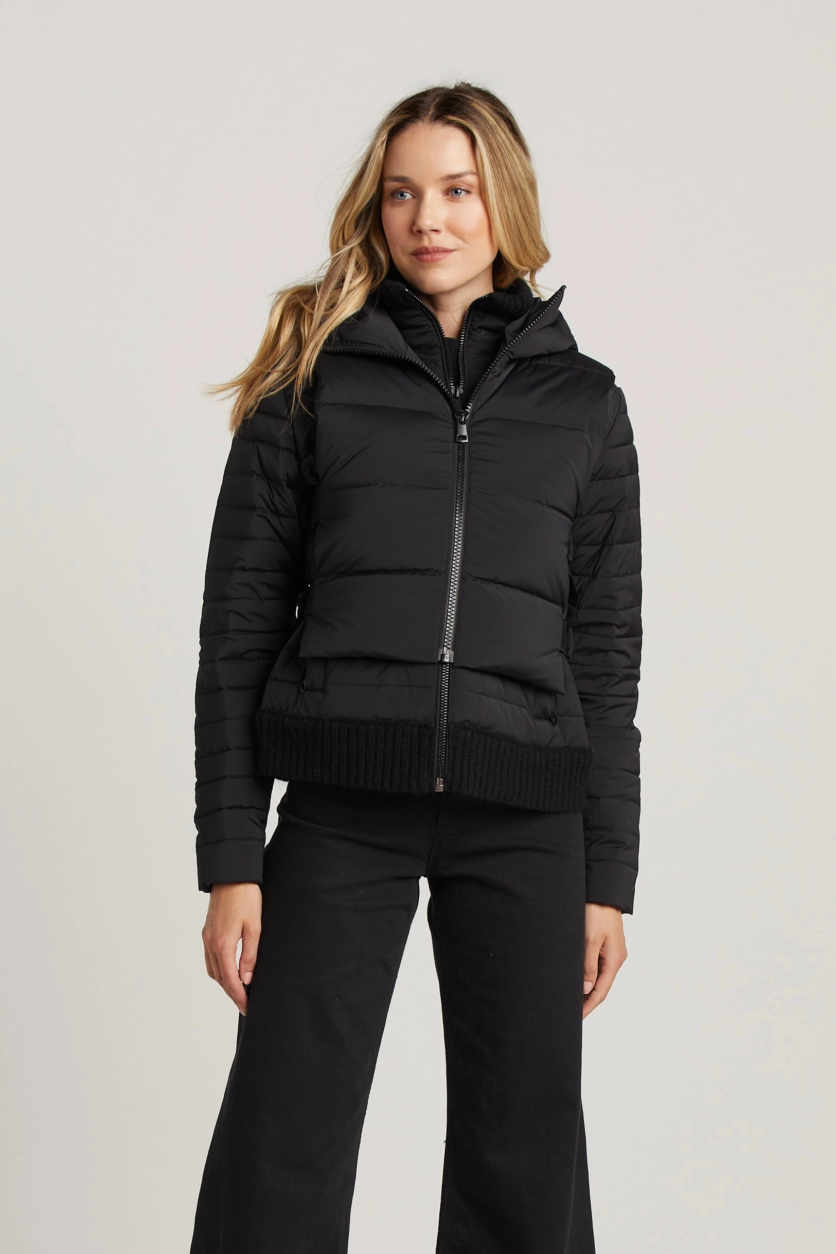 Puffer Design Hooded styles Lulu Lightweight Quilted Down Jacket With Knit Trim - Black