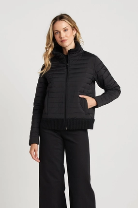 Eco Conscious Dye Process Lulu Lightweight Quilted Down Jacket With Knit Trim - Black