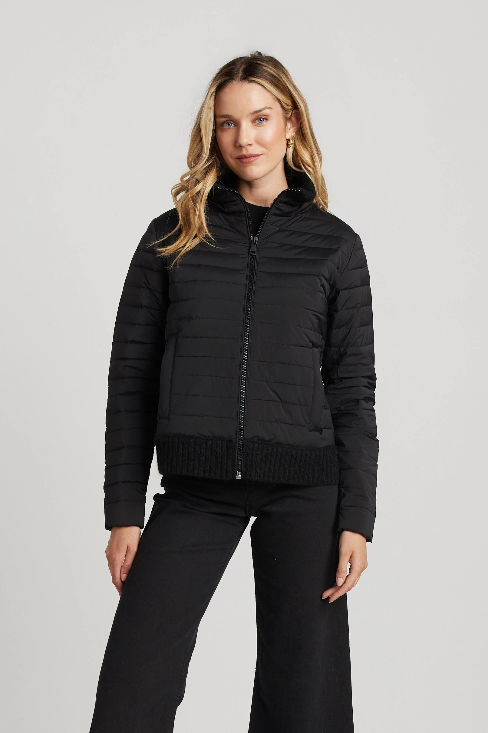 Lulu Lightweight Quilted Down Jacket With Knit Trim - Black Stretch Comfort Anytime Outer Fit