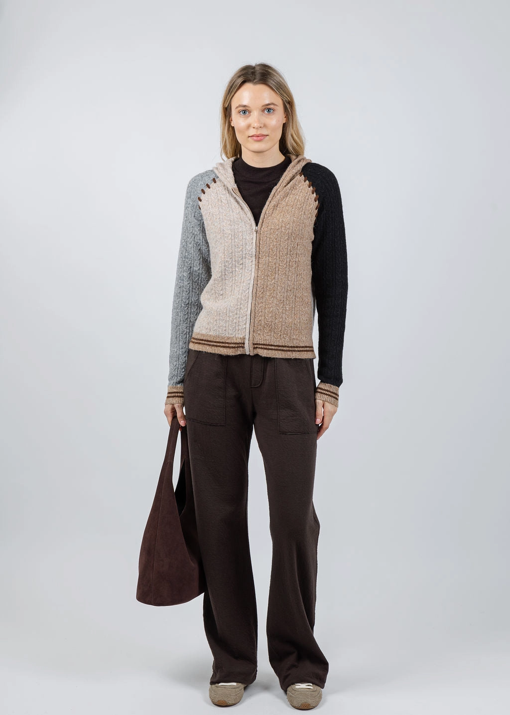Faye Cabled Hoodie With Whipstitch - Black Brown Multi Warm Layering Breathable Wear Fit