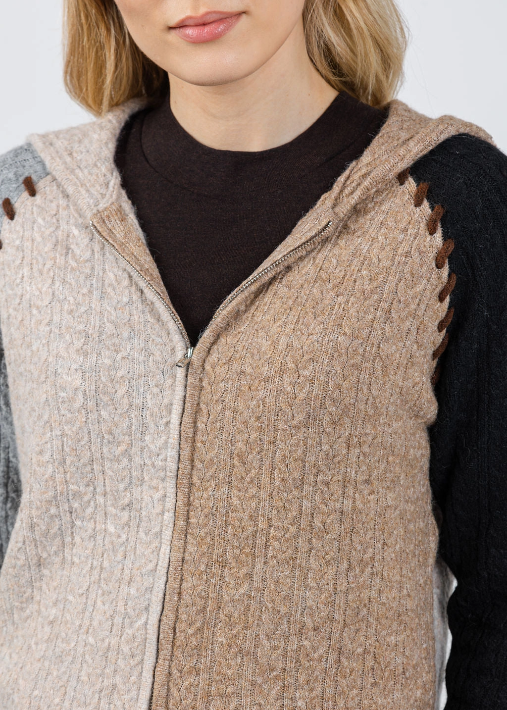 Faye Cabled Hoodie With Whipstitch - Black Brown Multi Comfy Performance V neck