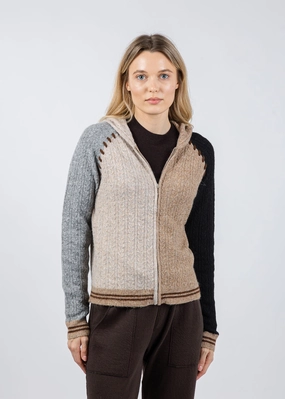 Faye Cabled Hoodie With Whipstitch - Black Brown Multi Heathered Effect