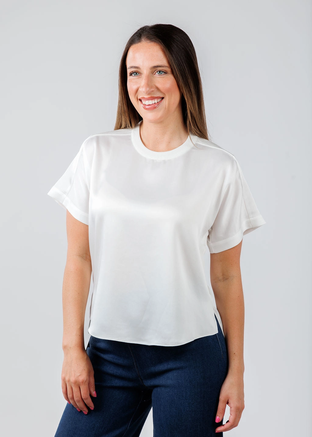Addy Short Sleeve Knit Back T- Shirt - White Easy Care Anti Static Lining