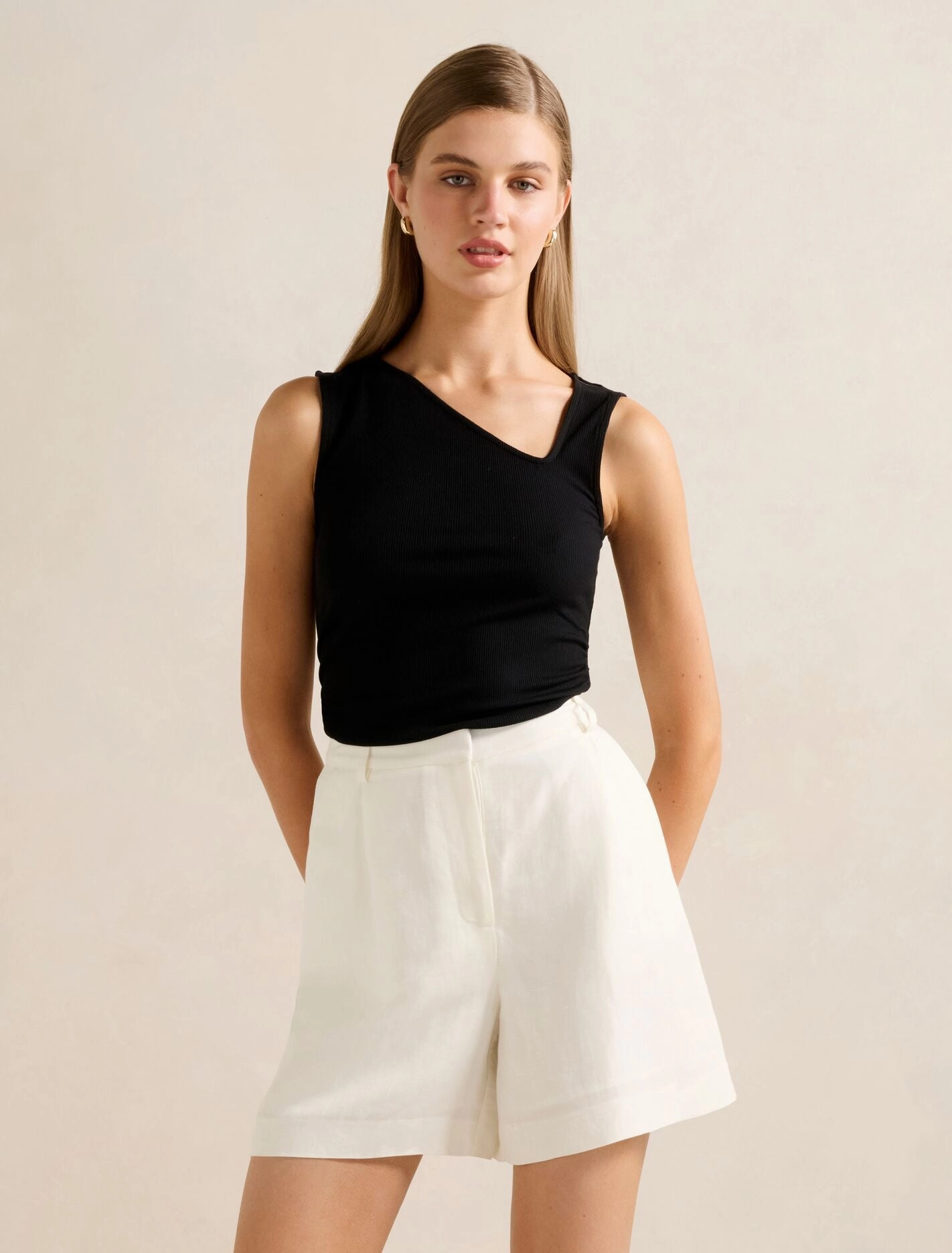 Tear Resistant Fiber Blend BrushedInnerLining Fleur Asymm Neck Tank Top