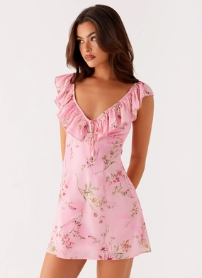 Adrina Ruffle Mini Dress - Pink Floral Print Picture Perfect