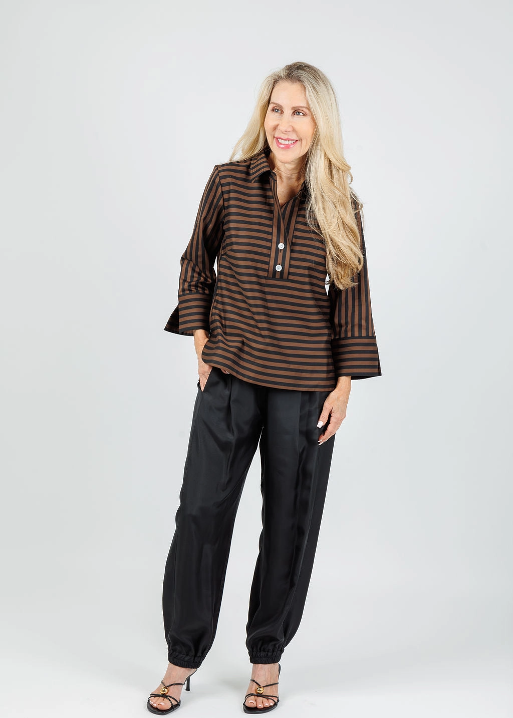 Aileen 3/4 Sleeve Classic Stripe Shirt - Caramel/Black Classic Wardrobe