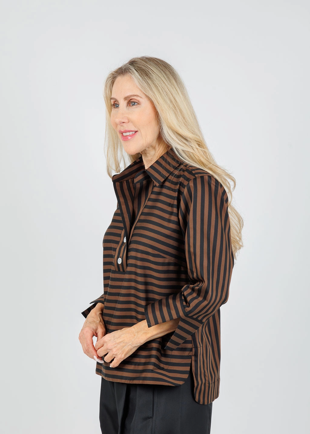Tall Option Structured Collar Aileen 3/4 Sleeve Classic Stripe Shirt - Caramel/Black