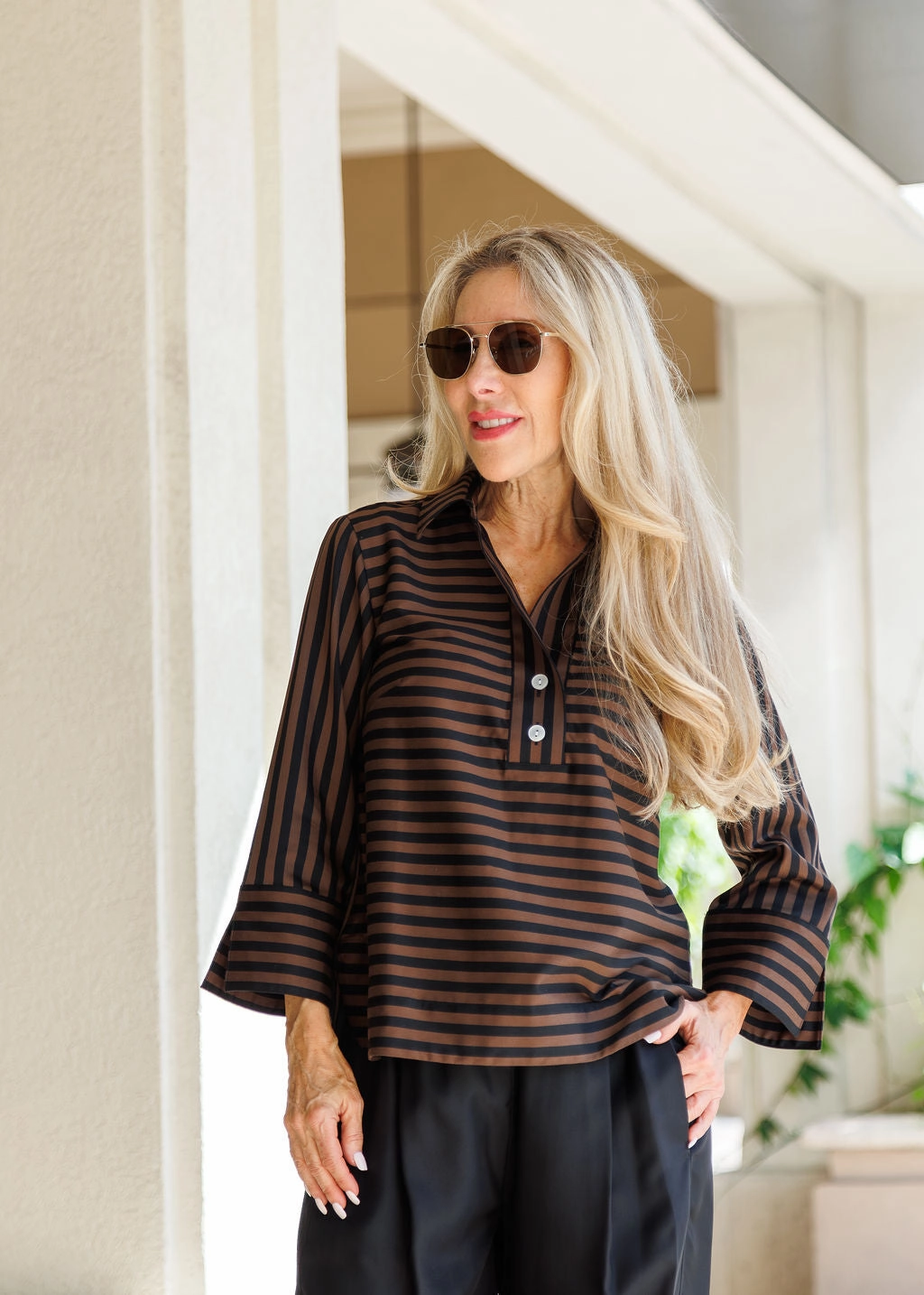 Layered Collar Cozy Wear Aileen 3/4 Sleeve Classic Stripe Shirt - Caramel/Black