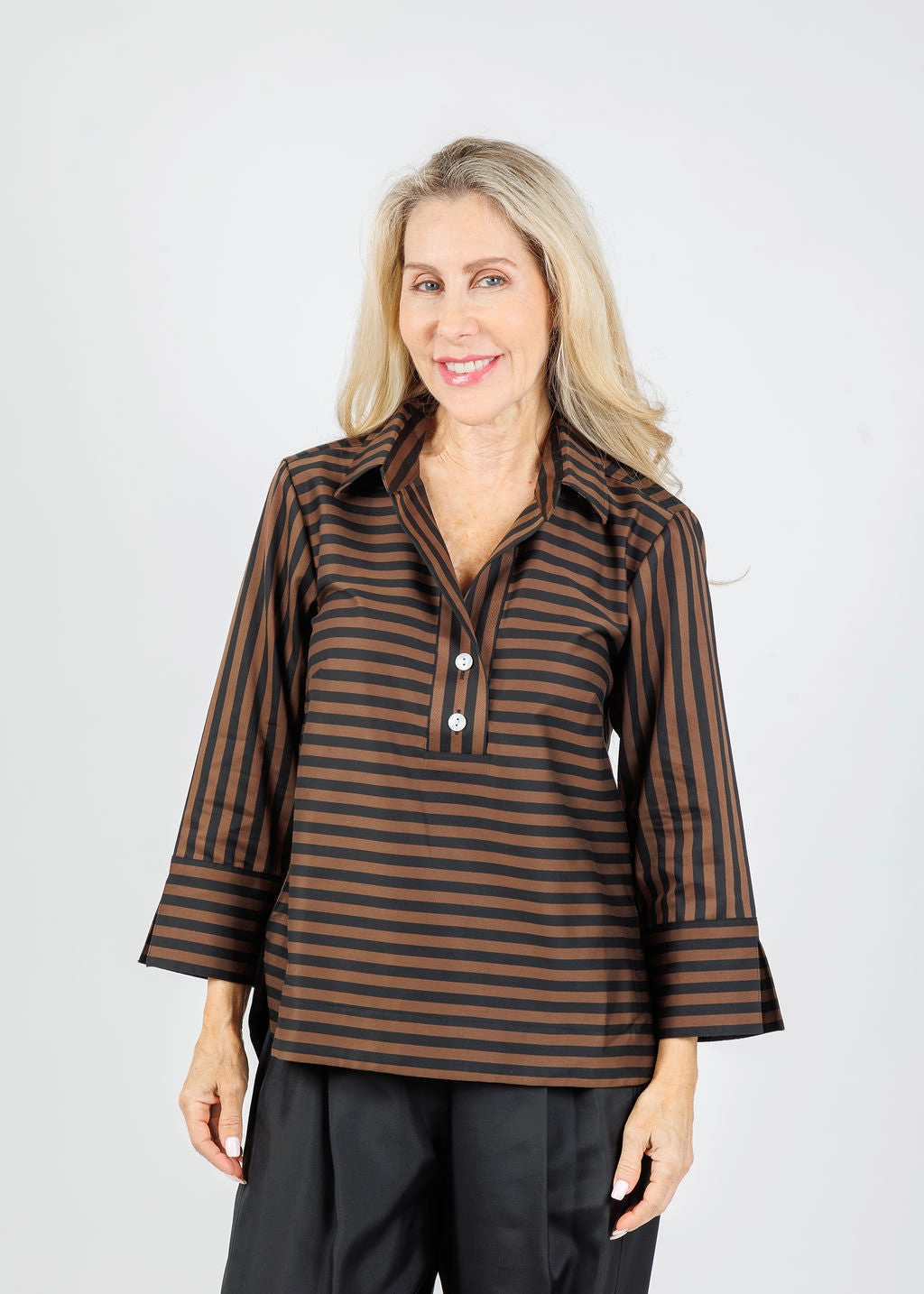 Aileen 3/4 Sleeve Classic Stripe Shirt - Caramel/Black elegant design Premium Fabric