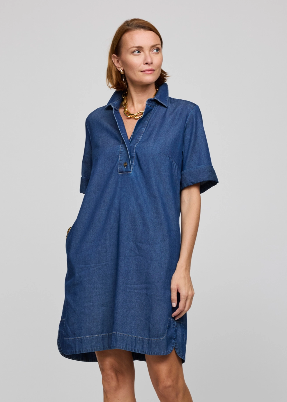 Smooth Layering Aileen Short Sleeve Denim Tencel Dress - Dark Wash