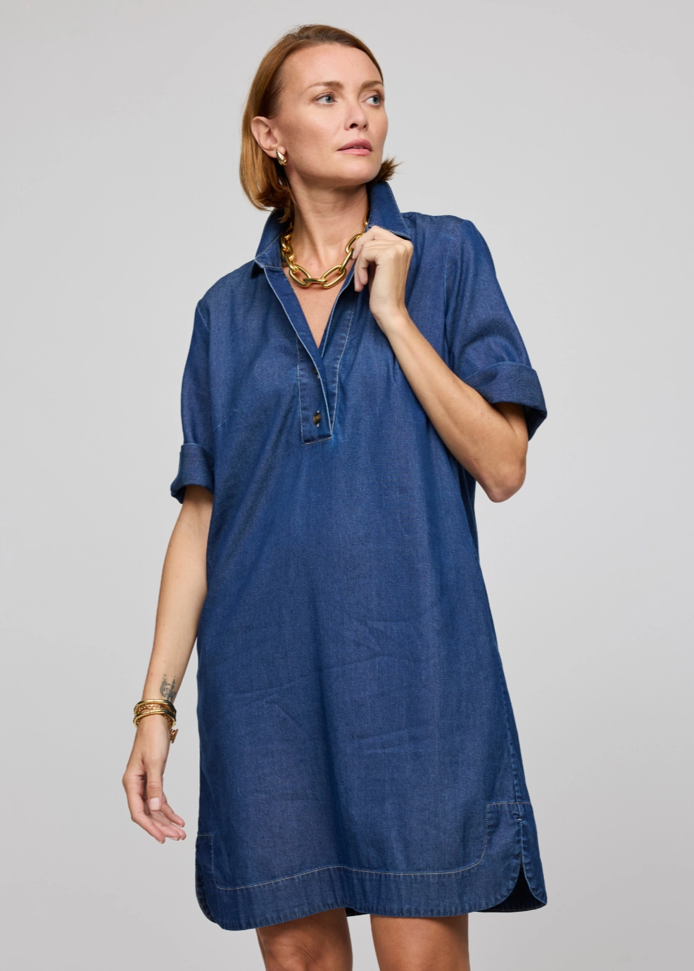 Feminine Details Aileen Short Sleeve Denim Tencel Dress - Dark Wash