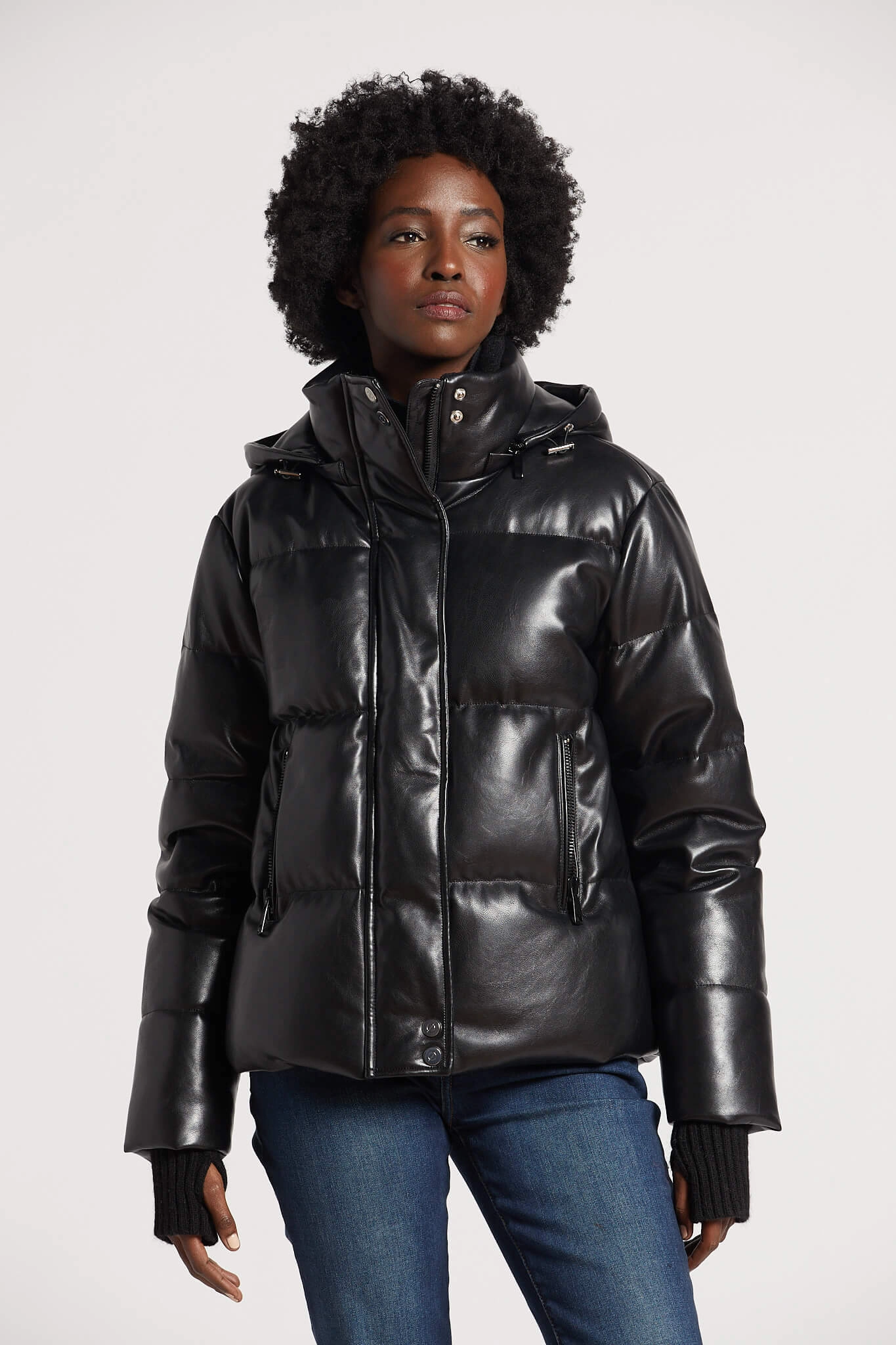 Paloma Vegan Leather Down Coat With Detachable Hood & Angora Knit Trim - Black Simple Layers