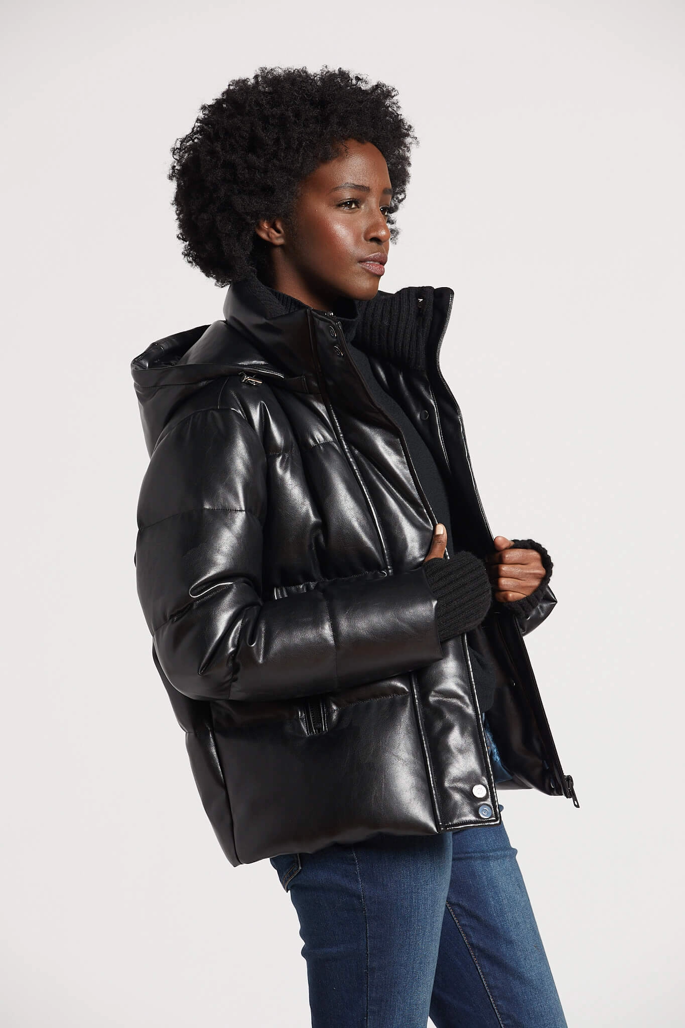 Waterproof Stitch Details Paloma Vegan Leather Down Coat With Detachable Hood & Angora Knit Trim - Black
