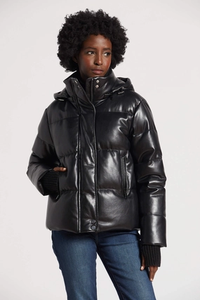 Paloma Vegan Leather Down Coat With Detachable Hood & Angora Knit Trim - Black Clean Outer Thermo Regulating Fabric