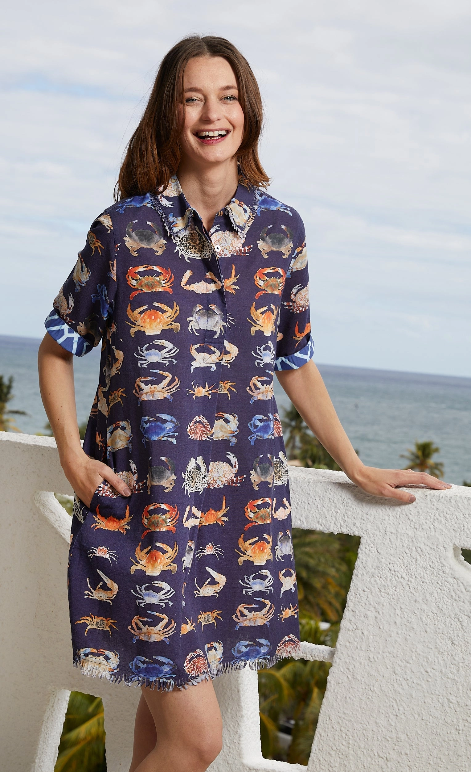 Chatham Dress - Navy Crab Print Crisp Silhouette