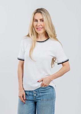 Layered Hemline Relaxed Fit Ali Whipstitch Tee - White/Black