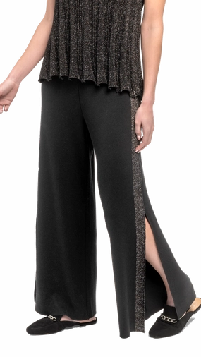 Tracey Wide Leg Milano-knit Pants with Shimmery Side Stripe and a Slit; Black/Black Shimmer Flexible Durability Lightweight Feel