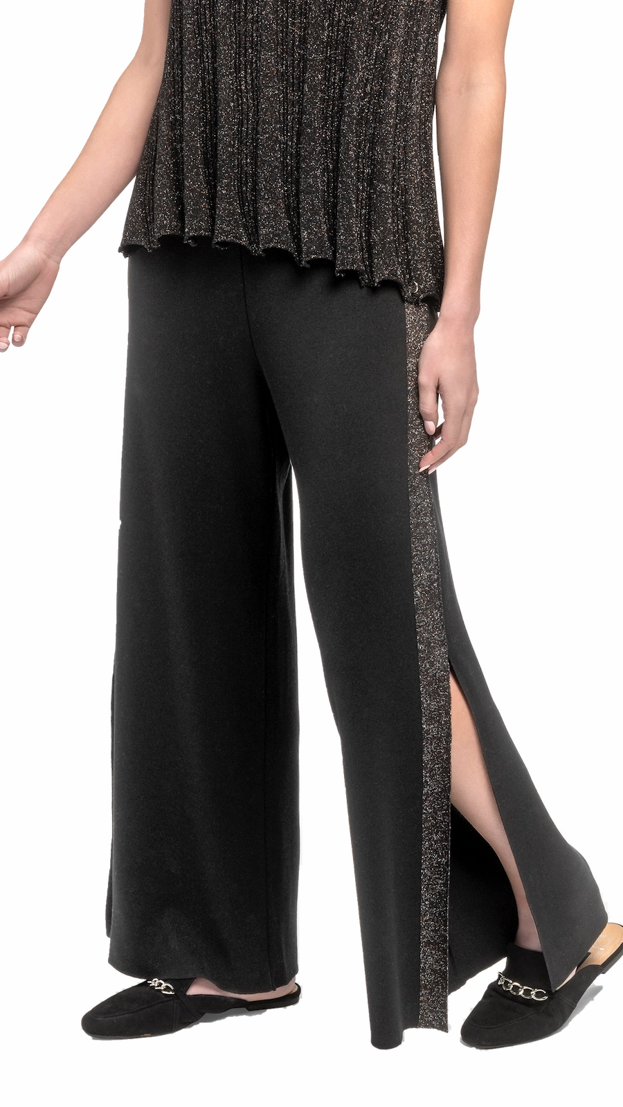 Sporty Fit Design Tracey Wide Leg Milano-knit Pants with Shimmery Side Stripe and a Slit; Black/Black Shimmer