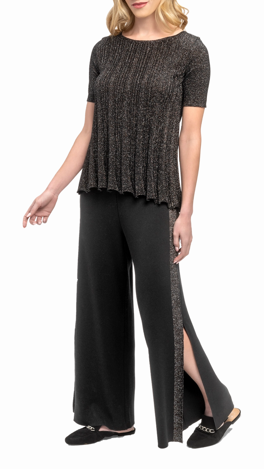 Tracey Wide Leg Milano-knit Pants with Shimmery Side Stripe and a Slit; Black/Black Shimmer Light Fit Wear Active Design Wear