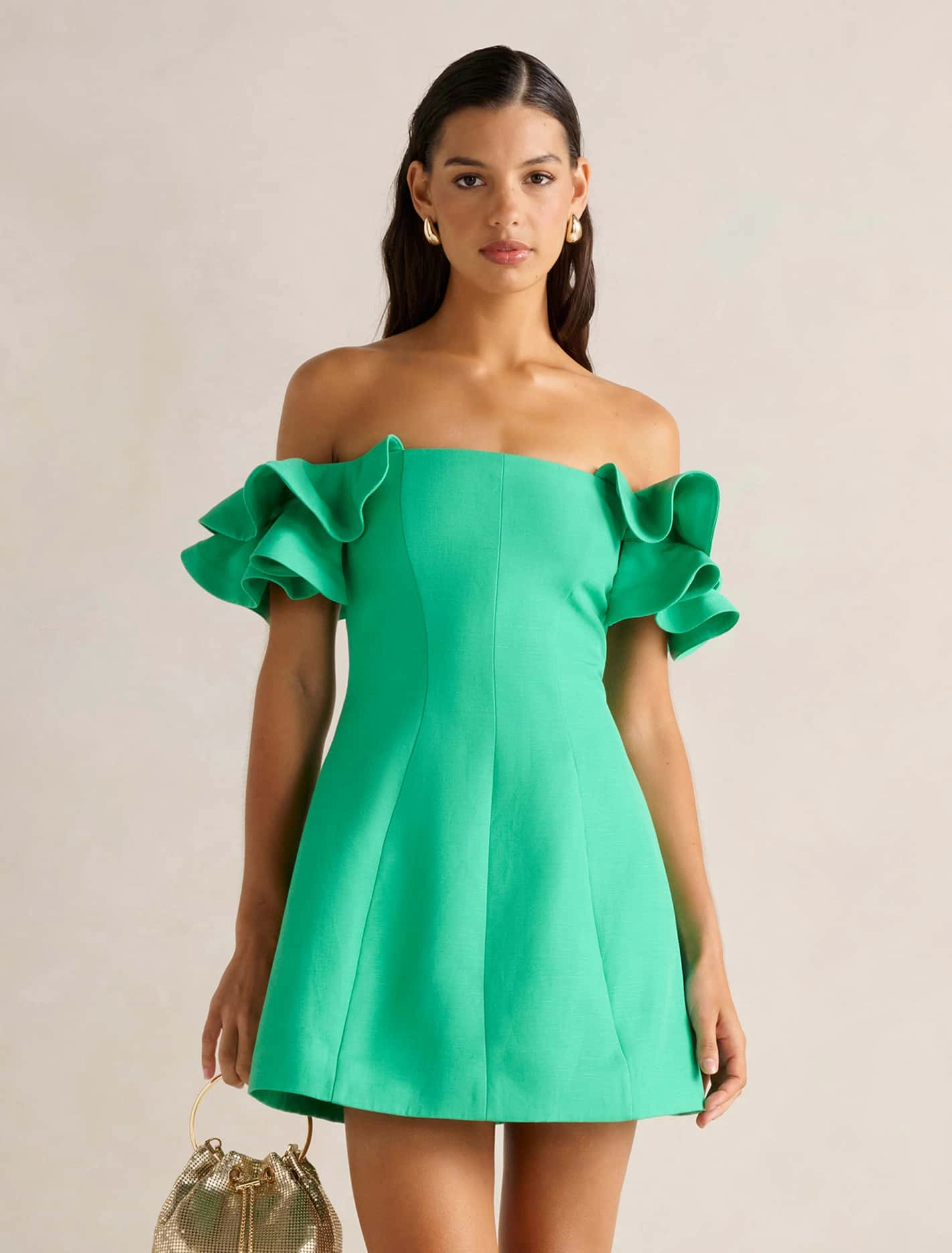 Saturated Hue Comfort Fit Kenzie Off Shoulder Ruffle Mini Dress