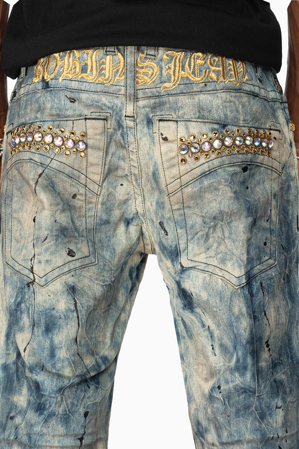 SKINNY MENS JEANS IN FROZEN WASH WITH AB CRYSTAL AND SMOKY TOPAZ  CRYSTALS Rugged Feel