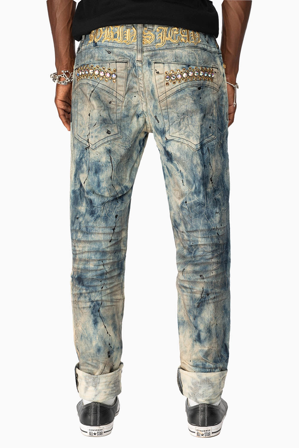 Versatile Comfort Quality Staple SKINNY MENS JEANS IN FROZEN WASH WITH AB CRYSTAL AND SMOKY TOPAZ  CRYSTALS