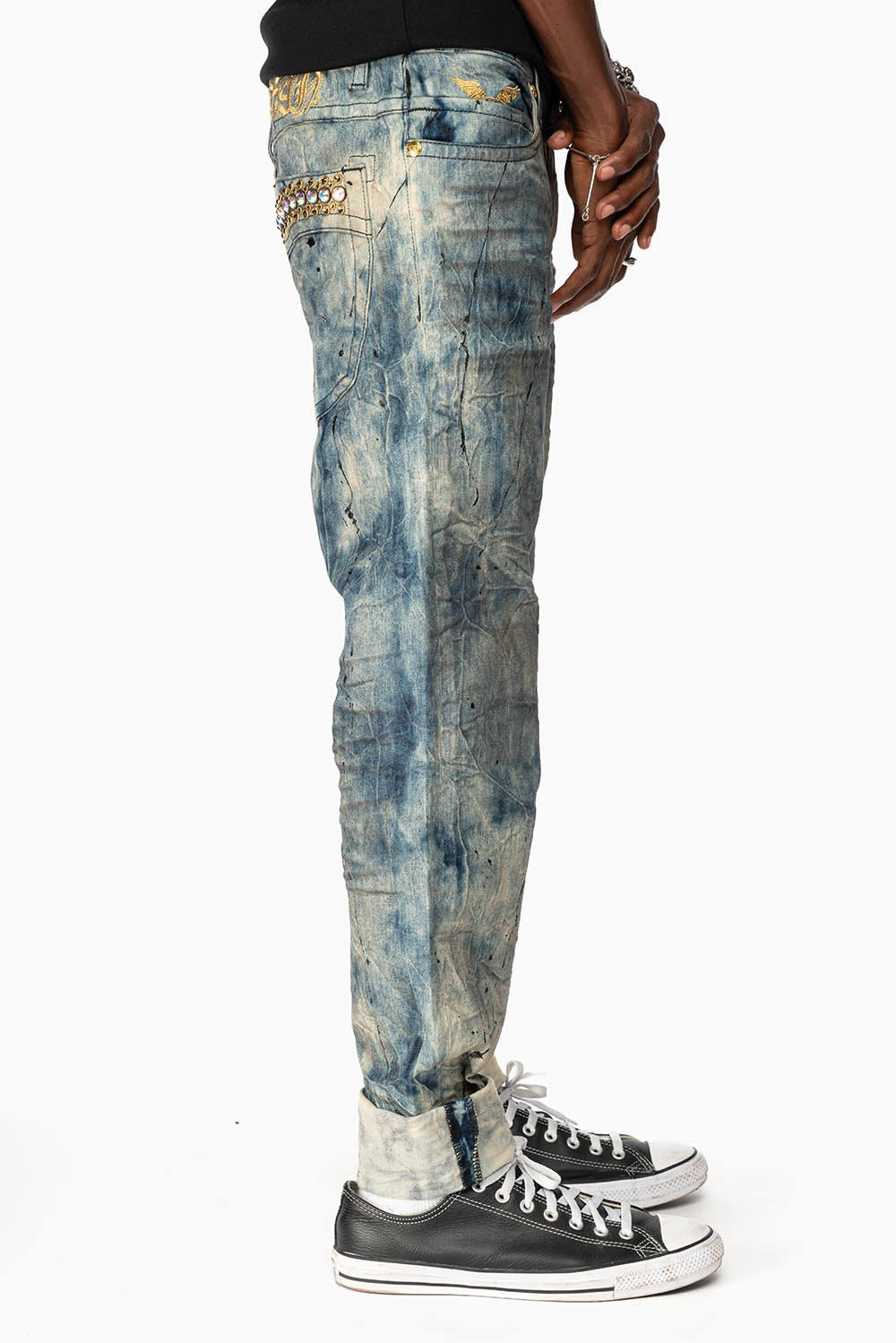 Vintage Lover Smooth Bold SKINNY MENS JEANS IN FROZEN WASH WITH AB CRYSTAL AND SMOKY TOPAZ  CRYSTALS