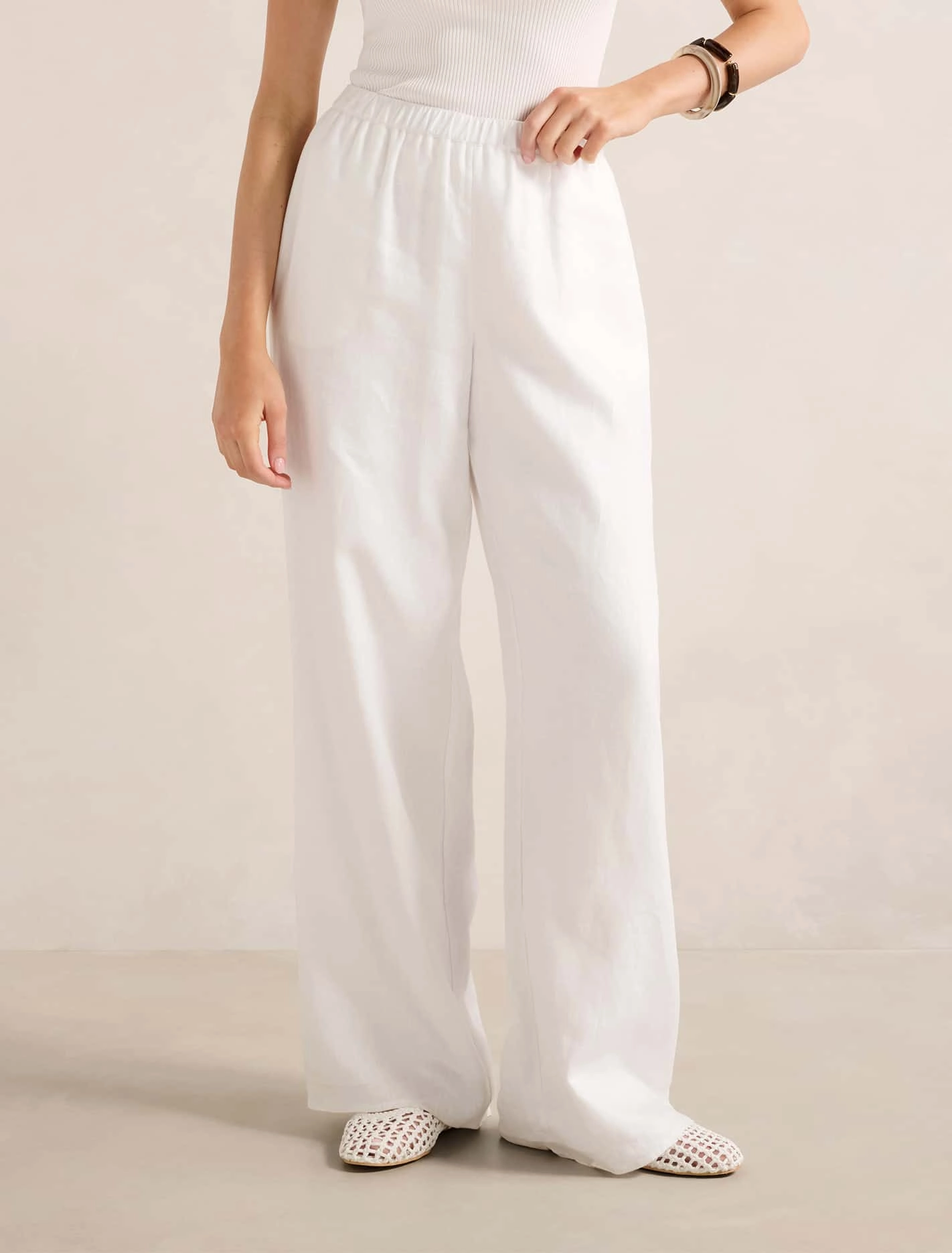 Ally Linen Elastic Wide Leg Pants Stain Release Finish