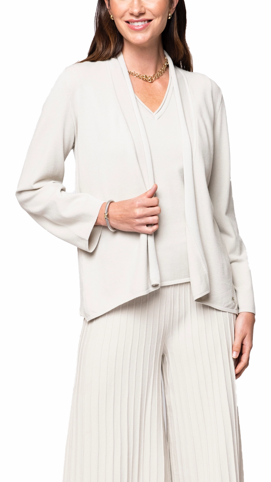 Amy Shawl Collar Cardigan - Beige Transitional Look Elastic hem