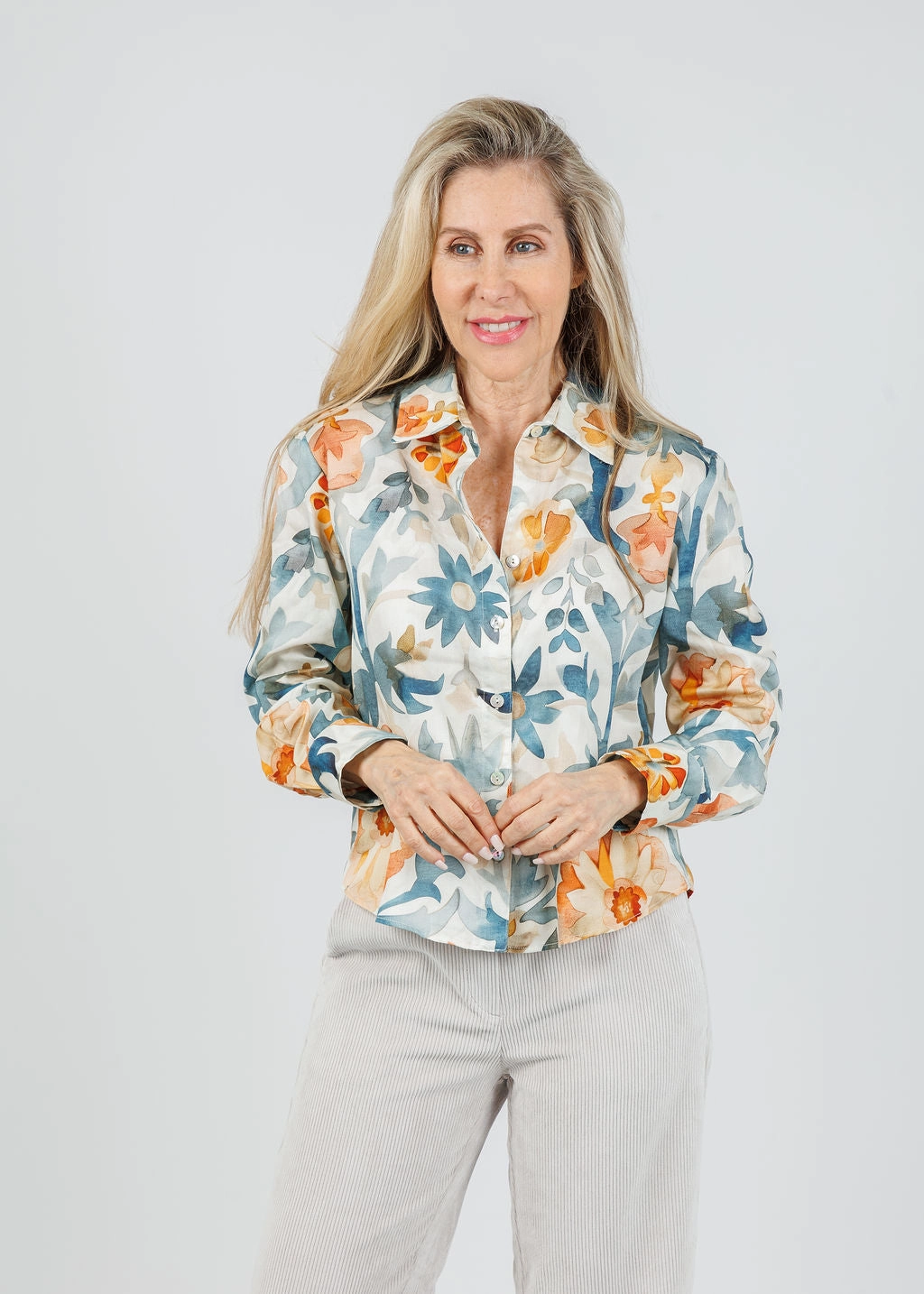 Andie Terra Floral Crop Shirt - Natural/Teal Fashionable Look